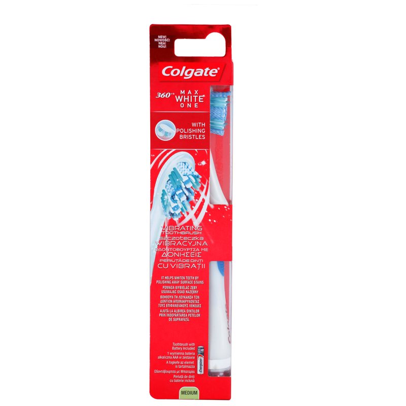 Colgate Max White One 360° вібруюча зубна щітка на батарейках середньої жорсткості
Colgate Max White One 360° вібруюча зубна щітка на батарейках середньої жорсткості