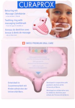 Curaprox Curababy kúsací krúžok s masážnou kefkou a hrkálkou
