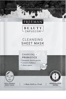 Freeman Beauty Infusion Charcoal + Probiotics čistilna maska iz tkanine z aktivnim ogljem za vse tipe kože