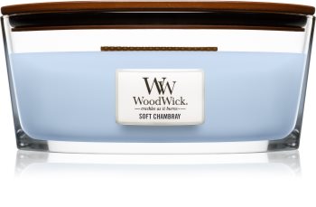 Woodwick Soft Chambray vonná sviečka s dreveným knotom (hearthwick)