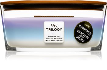 Woodwick Trilogy Calming Retreat bougie parfumée 453,6 g avec mèche en bois (Hearthwick)