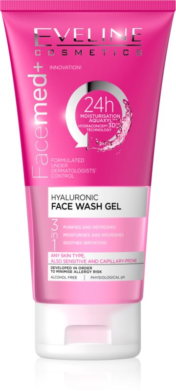 Eveline Cosmetics FaceMed+ čistiaci gél 3 v 1 s kyselinou hyalurónovou