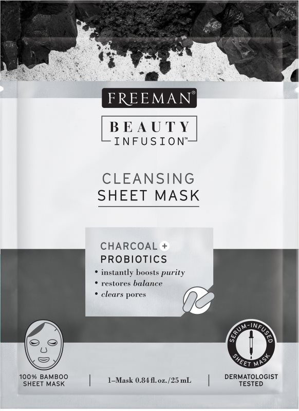 Freeman Beauty Infusion Charcoal + Probiotics čistilna maska iz tkanine z aktivnim ogljem za vse tipe kože