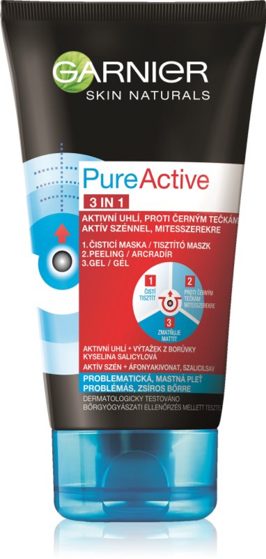 Garnier Pure Active černá maska na obličej proti černým tečkám a akné s aktivním uhlím 3v1