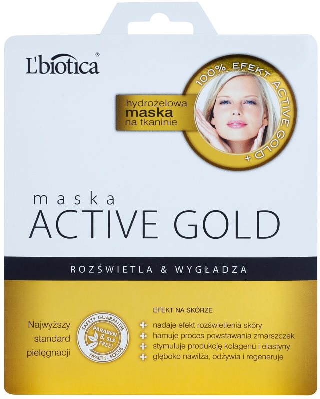 L'biotica Masks Active Gold hydrogelová plátýnková maska pro rozjasnění a vyhlazení pleti