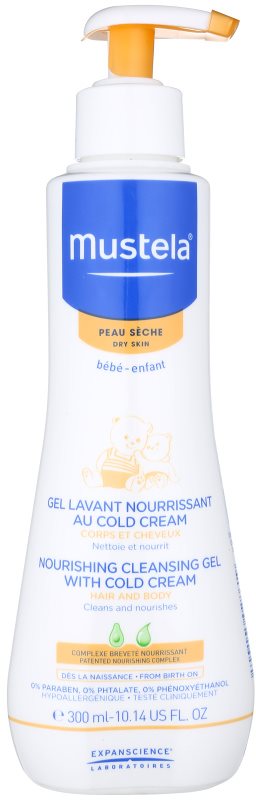 Mustela Bébé Dry Skin gel nutritiv de curățare, cu cremă protectoare pentru refacerea barierei pielii pentru nou-nascuti si copii