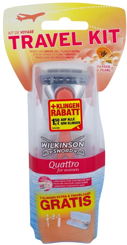 Wilkinson Sword Quattro for Women Papaya & Pearl holiaci strojček + 2 náhradné hlavice cestovné balenie