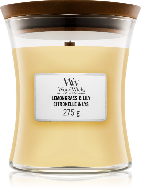 Woodwick Lemongrass & Lily vonná sviečka 275 g s dreveným knotom