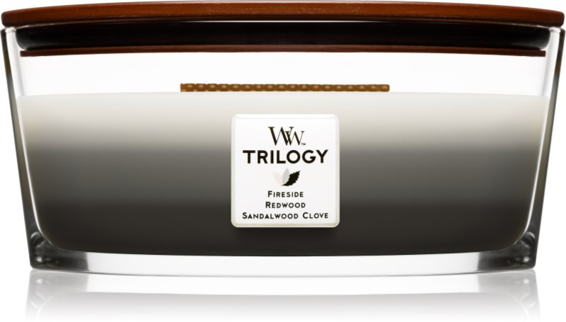Woodwick Trilogy Warm Woods bougie parfumée 453,6 g avec mèche en bois (Hearthwick)