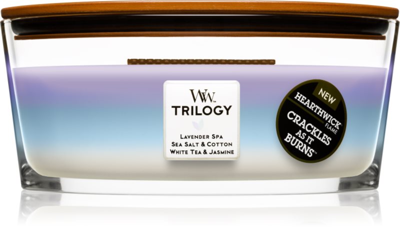 Woodwick Trilogy Calming Retreat bougie parfumée 453,6 g avec mèche en bois (Hearthwick)