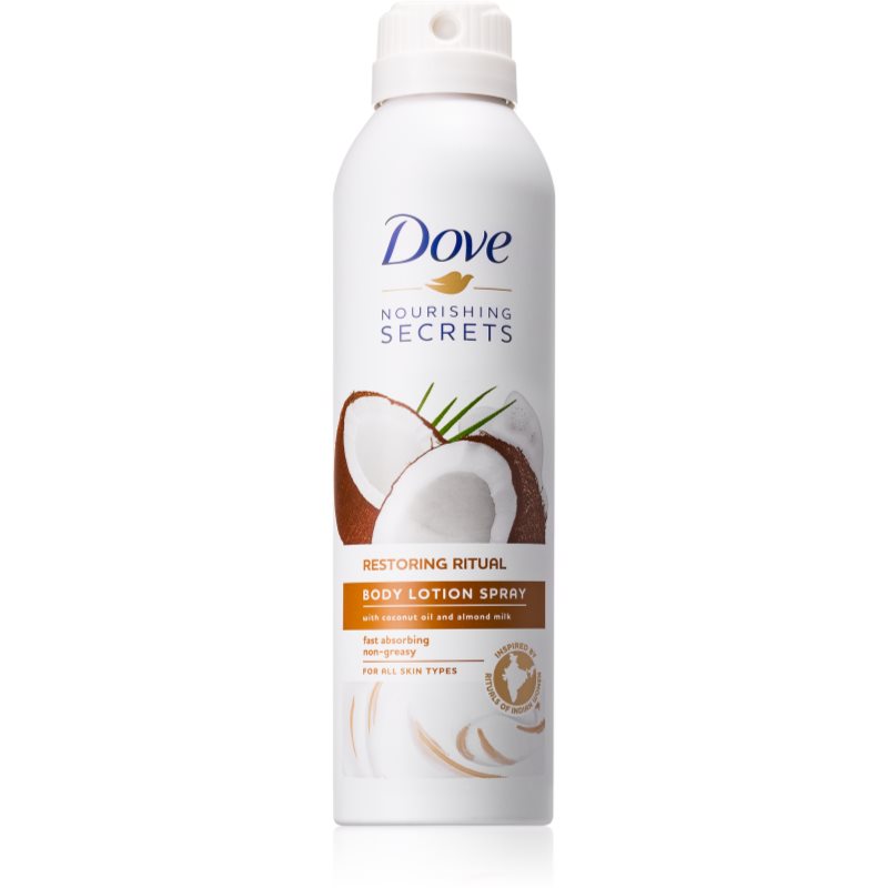 Dove Nourishing Secrets Restoring Ritual losjon za telo v pršilu Kokosový olej a Mandlové mléko 190 ml
