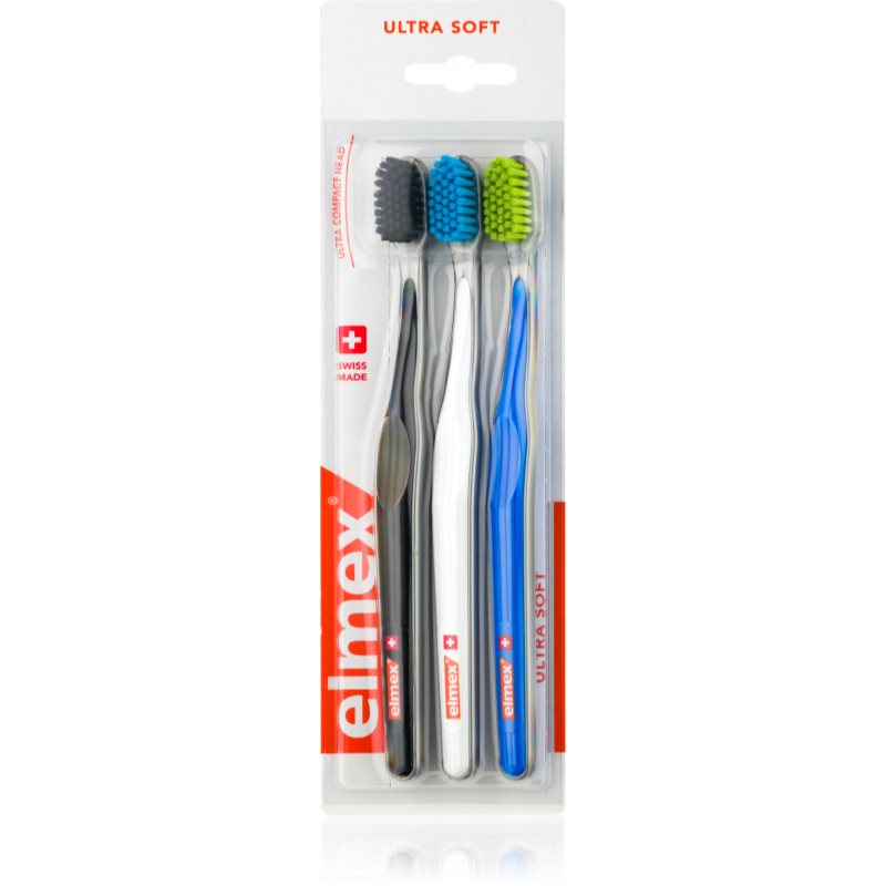 

Elmex Swiss Made зубні щітки 3 шт ультра м'яка Black + White + Blue