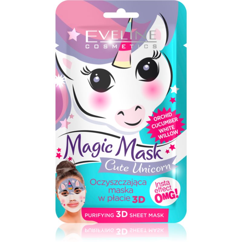 Eveline Cosmetics Magic Mask Cute Unicorn máscara em folha 3D para limpeza profunda