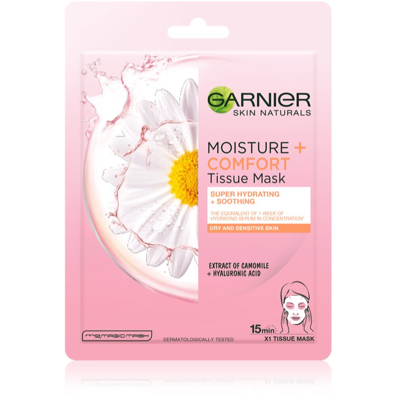 Garnier Skin Naturals Moisture+Comfort máscara têxtil perfeita para hidratação e relaxamento para pele seca a sensível 28 g