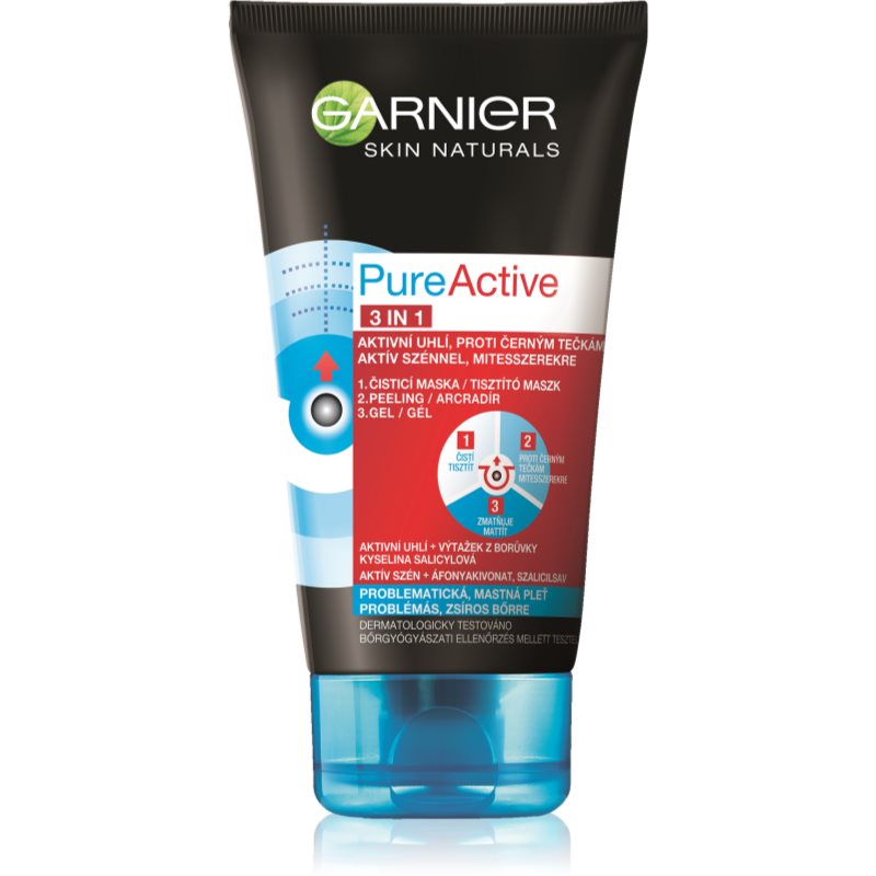 Garnier Pure Active mascarilla facial negra con carbón activado para acné y puntos negros 3en1 150 ml
