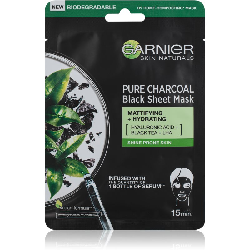 Garnier Skin Naturals Pure Charcoal máscara em tecido preto com extrato de chá preto 28 g