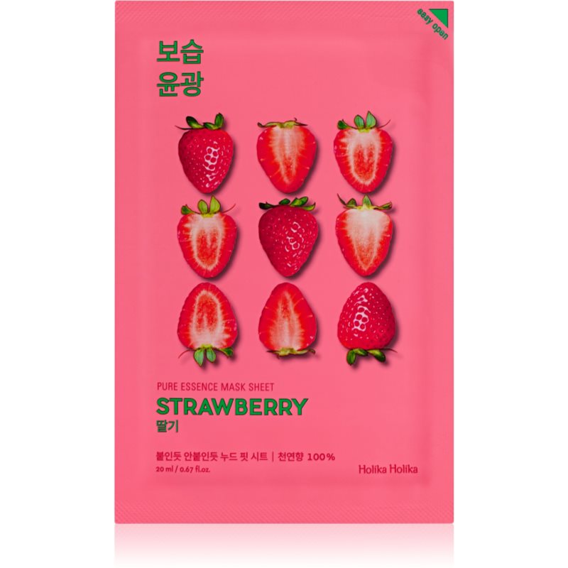 Holika Holika Pure Essence Strawberry Máscara em folha com efeito iluminador para tom da pele unificado 20 ml