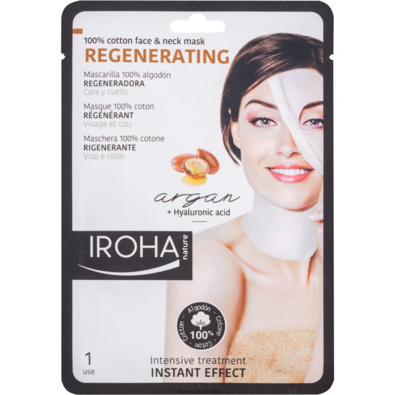 Iroha Regenerating Argan mascarilla de algodón para rostro y cuello con aceite de argán y ácido hialurónico