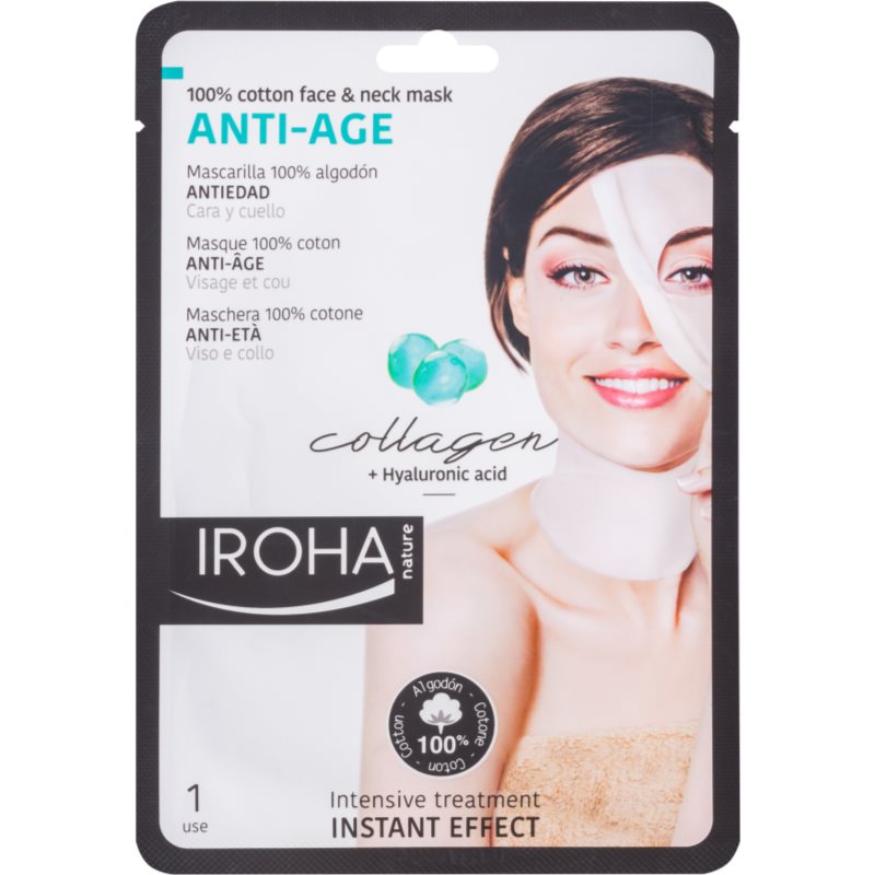 Iroha Anti - Age Collagen Baumwollmaske für Gesicht und Hals mit Kollagen- und Hyaluronserum