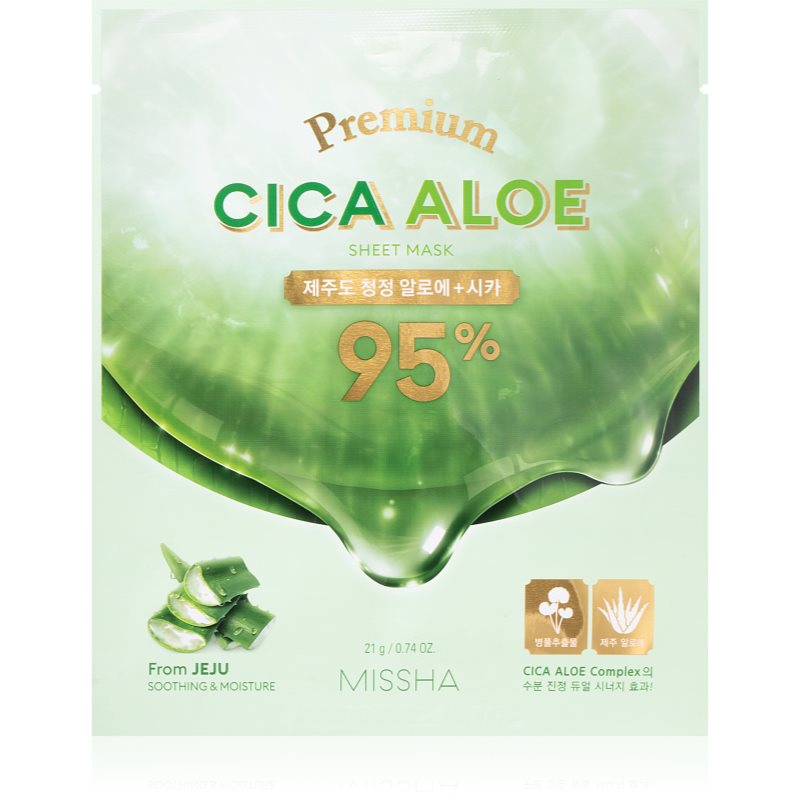 Missha Premium Cica Aloe plátýnková maska s čisticím a osvěžujícím účinkem s aloe vera 21 g