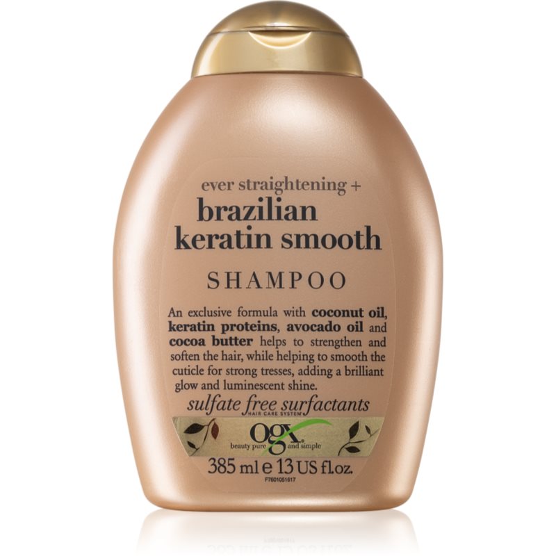 OGX Brazilian Keratin Smooth изглаждащ шампоан за блясък и мекота на косата 385 мл.