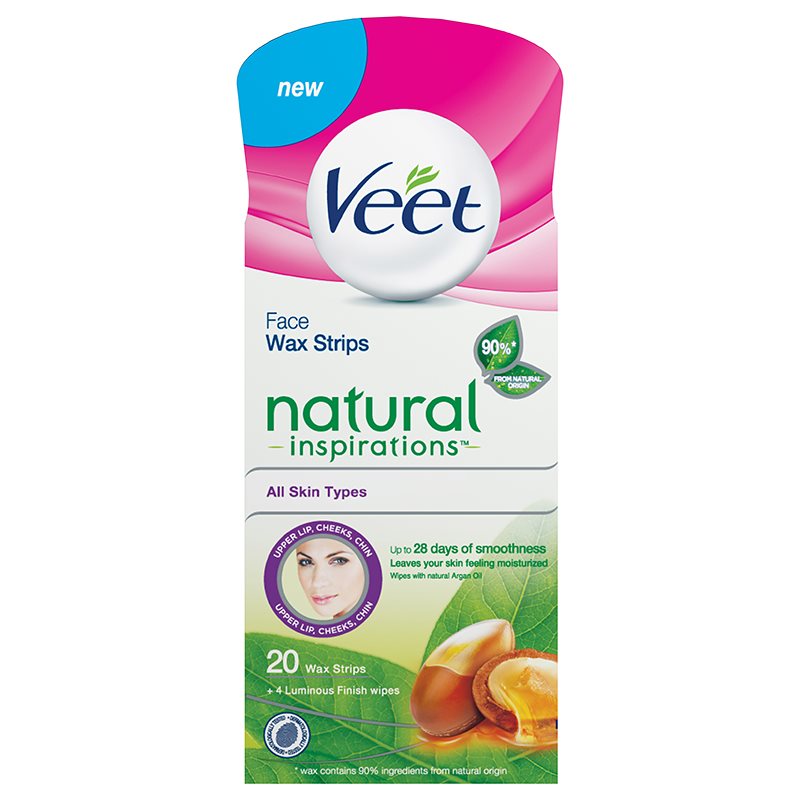 Veet Wax Strips Natural Inspirations™ восъчни ленти за епилация за лице с арганово масло 20 бр.