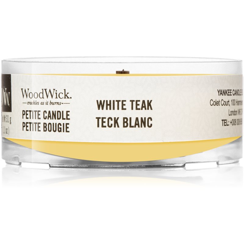 Woodwick White Teak votivní svíčka s dřevěným knotem 31 g