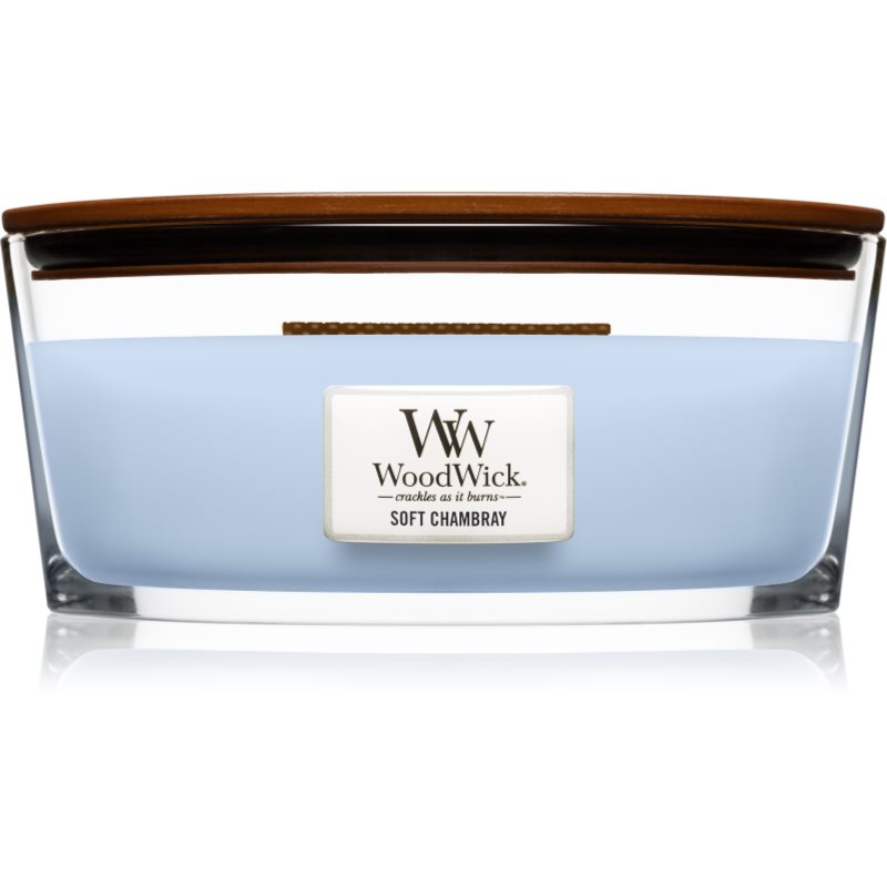 Woodwick Soft Chambray vonná svíčka s dřevěným knotem (hearthwick) 453,6 g