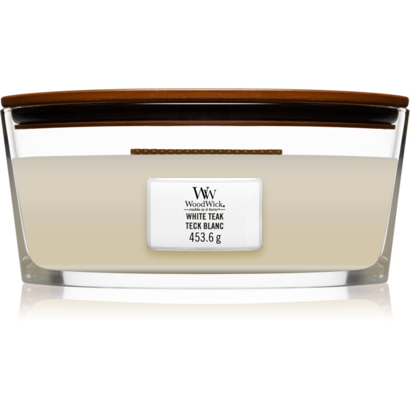 Woodwick White Teak vonná svíčka s dřevěným knotem (hearthwick) 453,6 g