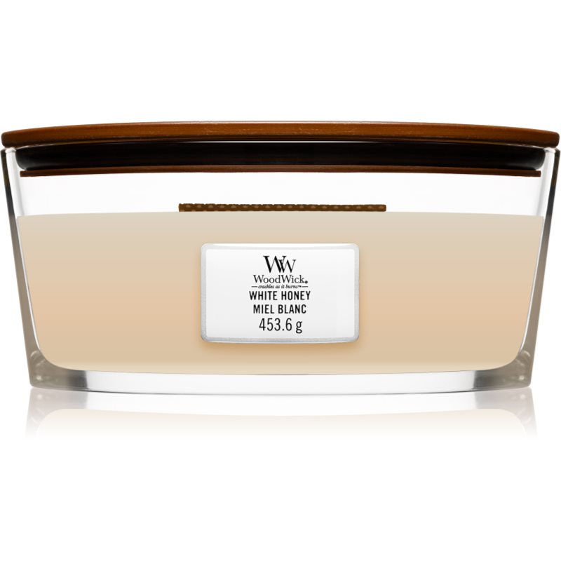 Woodwick White Honey vonná svíčka s dřevěným knotem (hearthwick) 453,6 g