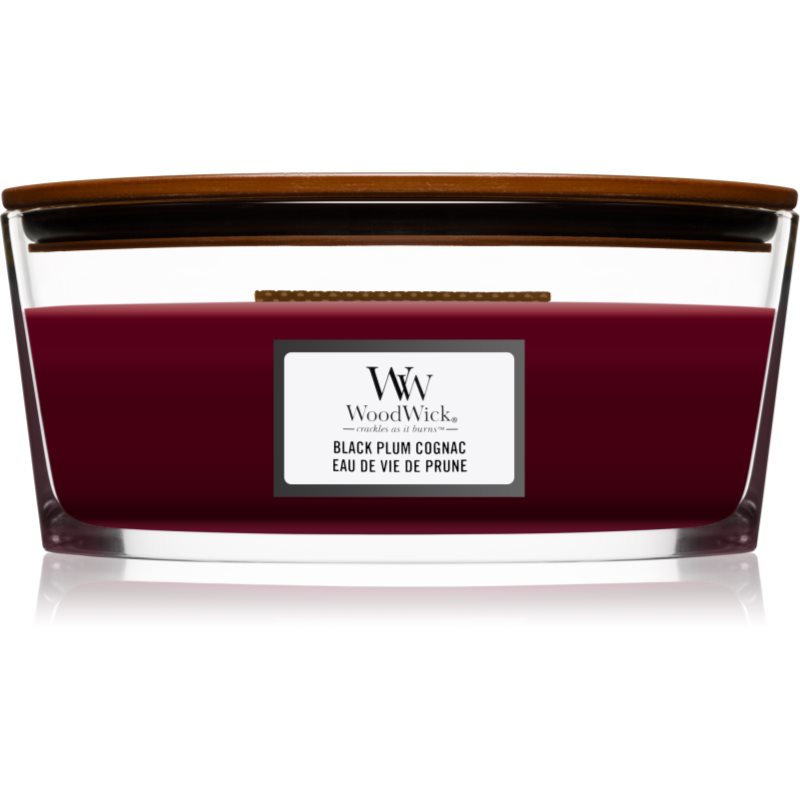 Woodwick Black Plum ароматна свещ  с дървен фитил (hearthwick) 453,6 гр.