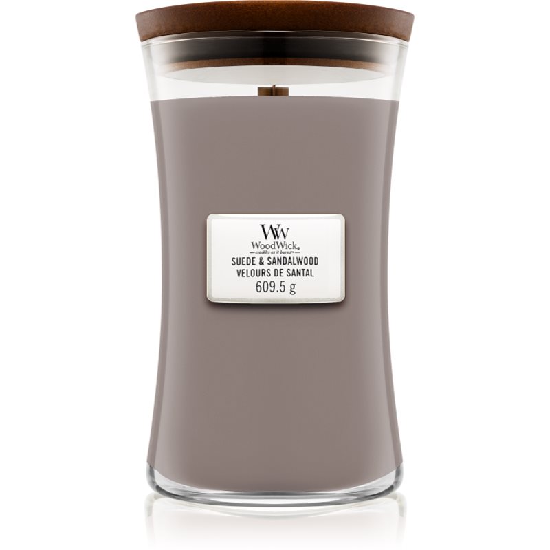 Woodwick Suede & Sandalwood vonná svíčka s dřevěným knotem 609,5 g
