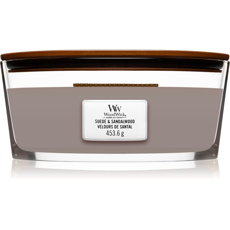 Woodwick Suede & Sandalwood vonná svíčka s dřevěným knotem (hearthwick) 453,6 g