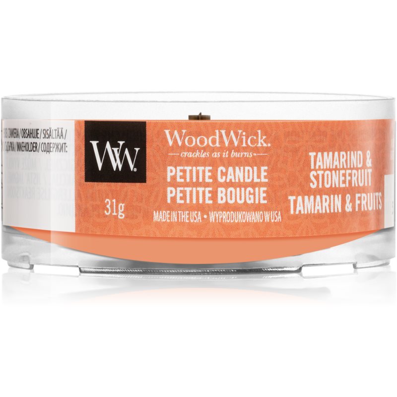 Woodwick Tamarind & Stonefruit votivní svíčka s dřevěným knotem 31 g