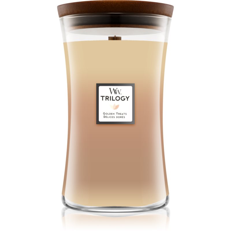 Woodwick Trilogy Golden Treats vonná svíčka s dřevěným knotem 610 g