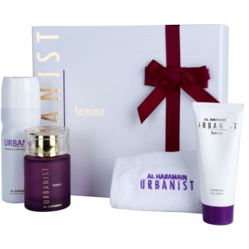 Al Haramain Urbanist Femme dárková sada I. parfémovaná voda 100 ml + deodorant ve spreji 200 ml + tělové mléko 100 ml + ručník