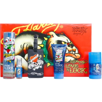 

Christian Audigier Ed Hardy Love & Luck Man подарунковий набір І Туалетна вода 100 ml + Туалетна вода 7,5 ml + Гель для душу 90 ml + дезодорант-стік 78 g + ярлик на чемодан