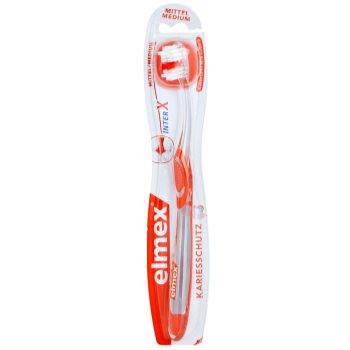 

Elmex Caries Protection зубна щітка середньої жорсткості кольорові варіації transparent/red/orange