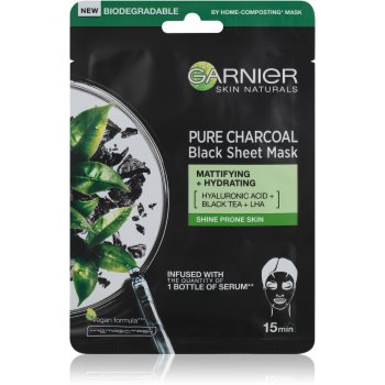 Garnier skin naturals pure charcoal mască textilă neagră, cu extract din ceai negru
