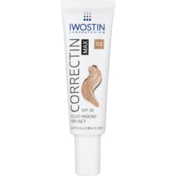 

Iwostin Max Correctin стійкий матуючий флюїд для чутливої шкіри SPF 30 відтінок Warm Beige 30 мл