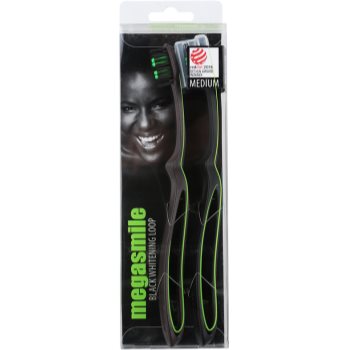 

Megasmile Black Whitening Loop зубна щітка з активованим вугіллям та посиленою рукояткою 2 кс
